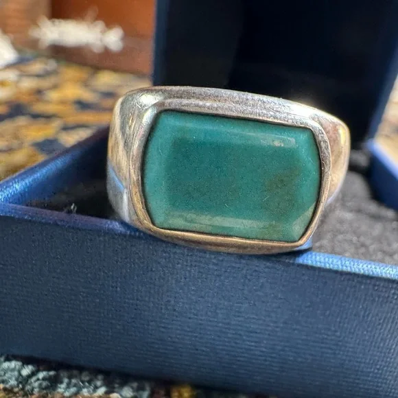 925 Sterling Silver Ring Turquoise Rectangle Signet Size 5.5 Chunky Brutalist